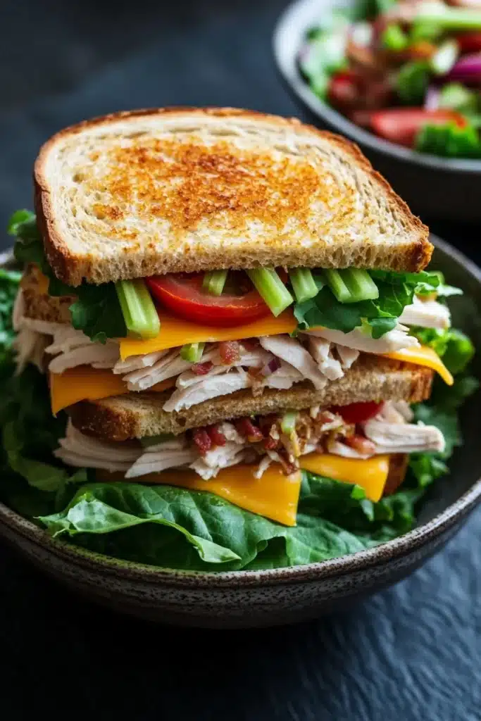 Club sandwich ensalada de pollo - the image shows a sandwich in a black bowl. the sandwich is made with two slices of toasted bread, filled with shredded chicken, lettuce, tomato, and cheese. the chicken appears to be seasoned with herbs and spices, and the cheese is melted and oozing out of the sides. the lettuce is a mix of green and yellow, and there are a few slices of red onion scattered throughout the sandwich. in the background, there is a small bowl of salad. the bowl is sitting on a dark countertop.