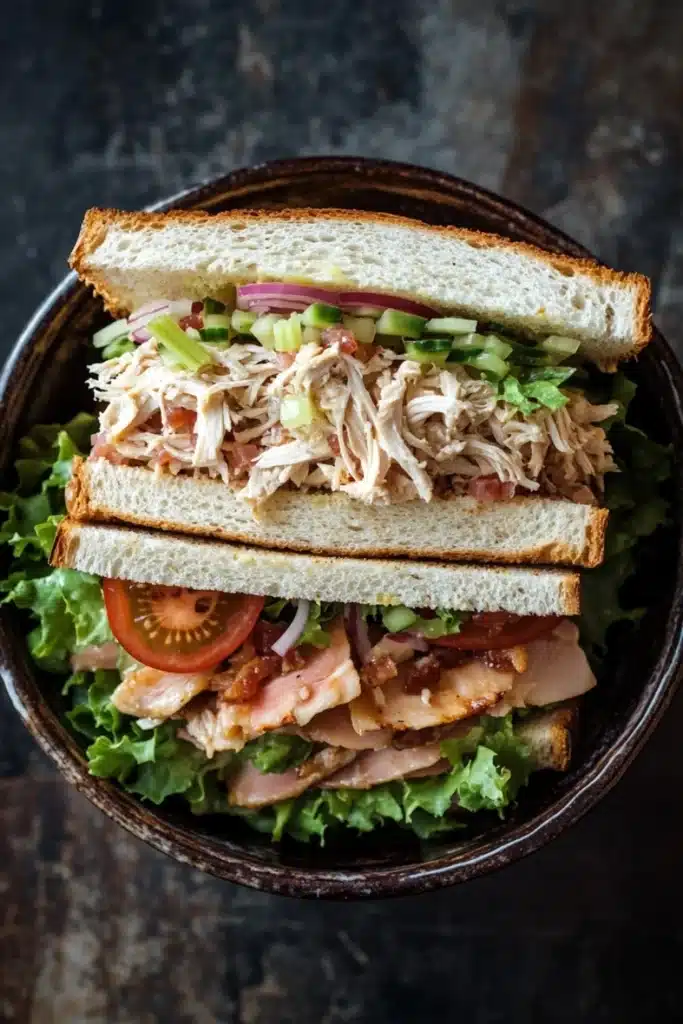 Club sandwich ensalada de pollo - the image shows a sandwich in a black bowl. the sandwich is made with two slices of white bread, filled with shredded chicken, lettuce, tomato, and red onion. the chicken appears to be seasoned with herbs and spices, and the lettuce is a mix of green and red colors. the tomato is cut in half and is placed on top of the chicken. the bowl is sitting on a dark countertop.