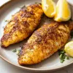Cook tilapia in air fryer - the image shows two pieces of fish fillets on a plate with two lemon wedges on the side. the fish appears to be seasoned with herbs and spices, giving it a golden brown color. the plate is light brown and has a textured surface. the background is white, making the fish and lemons stand out. the overall presentation of the dish is elegant and appetizing.