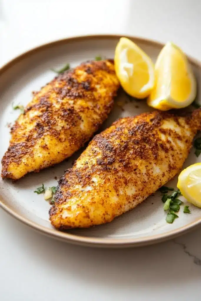 Cook tilapia in air fryer - the image shows two pieces of fish fillets on a plate with two lemon wedges on the side. the fish appears to be seasoned with herbs and spices, giving it a golden brown color. the plate is light brown and has a textured surface. the background is white, making the fish and lemons stand out. the overall presentation of the dish is elegant and appetizing.