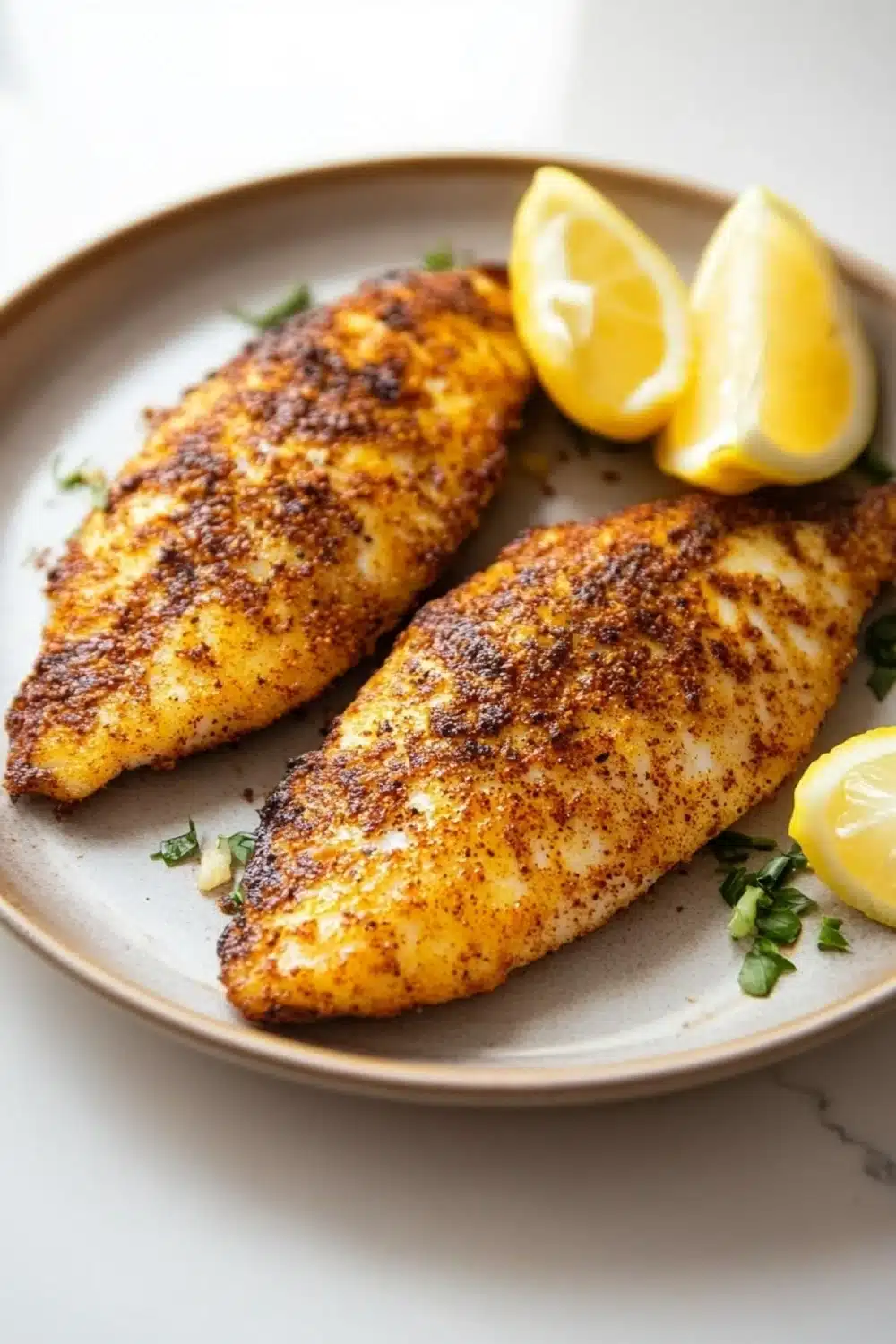 Cook tilapia in air fryer - the image shows two pieces of fish fillets on a plate with two lemon wedges on the side. the fish appears to be seasoned with herbs and spices, giving it a golden brown color. the plate is light brown and has a textured surface. the background is white, making the fish and lemons stand out. the overall presentation of the dish is elegant and appetizing.