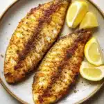 Cook tilapia in air fryer - the image shows two pieces of fish on a plate with lemon wedges. the fish appears to be cooked and has a golden brown color with a crispy texture. the plate is round and has an oval shape. the lemon slices are arranged around the fish, adding a pop of color to the dish. the background is a light beige color, making the fish and lemons stand out.