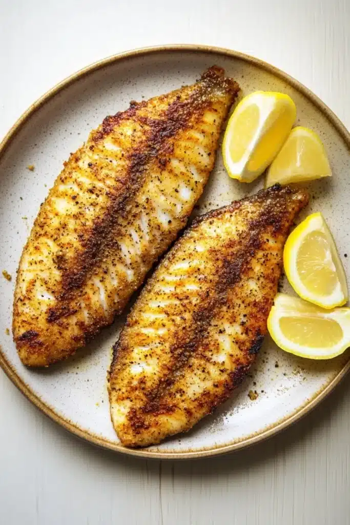 Cook tilapia in air fryer - the image shows two pieces of fish on a plate with lemon wedges. the fish appears to be cooked and has a golden brown color with a crispy texture. the plate is round and has an oval shape. the lemon slices are arranged around the fish, adding a pop of color to the dish. the background is a light beige color, making the fish and lemons stand out.