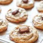 Cookie peanut butter hersheys kisses - the image shows a tray of freshly baked cookies on a wooden table. the cookies are round and golden brown in color, with a crumbly texture. they are arranged in a single layer on the tray, with some overlapping each other. in the center of each cookie, there is a single chocolate chip in the shape of a heart. the chocolate chip is a dark brown color and appears to be dripping down the sides of the cookies. the tray is lined with parchment paper, and the background is blurred, making the cookies the focal point of the image.