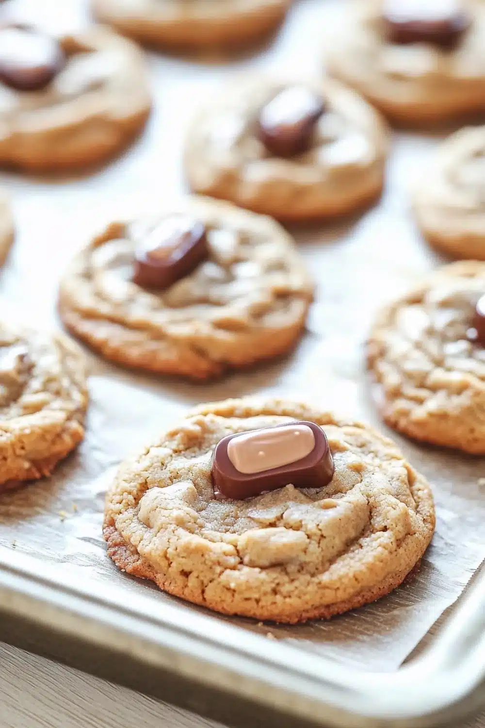 Cookie peanut butter hersheys kisses - the image shows a tray of freshly baked cookies on a wooden table. the cookies are round and golden brown in color, with a crumbly texture. they are arranged in a single layer on the tray, with some overlapping each other. in the center of each cookie, there is a single chocolate chip in the shape of a heart. the chocolate chip is a dark brown color and appears to be dripping down the sides of the cookies. the tray is lined with parchment paper, and the background is blurred, making the cookies the focal point of the image.