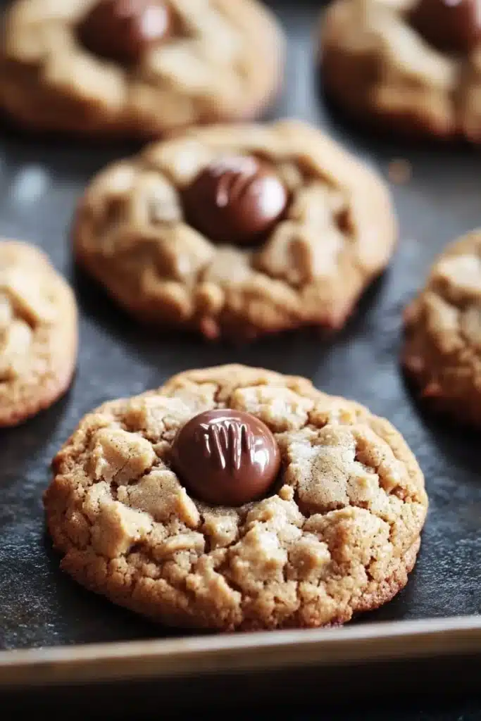 Cookie peanut butter hersheys kisses - the image shows a tray of freshly baked cookies on a black baking tray. the cookies are round and golden brown in color, with a crumbly texture. they are arranged in a single layer on the tray, with some overlapping each other. in the center of each cookie, there is a chocolate-covered cookie with a drizzle of chocolate on top. the background is blurred, but it appears to be a kitchen countertop.