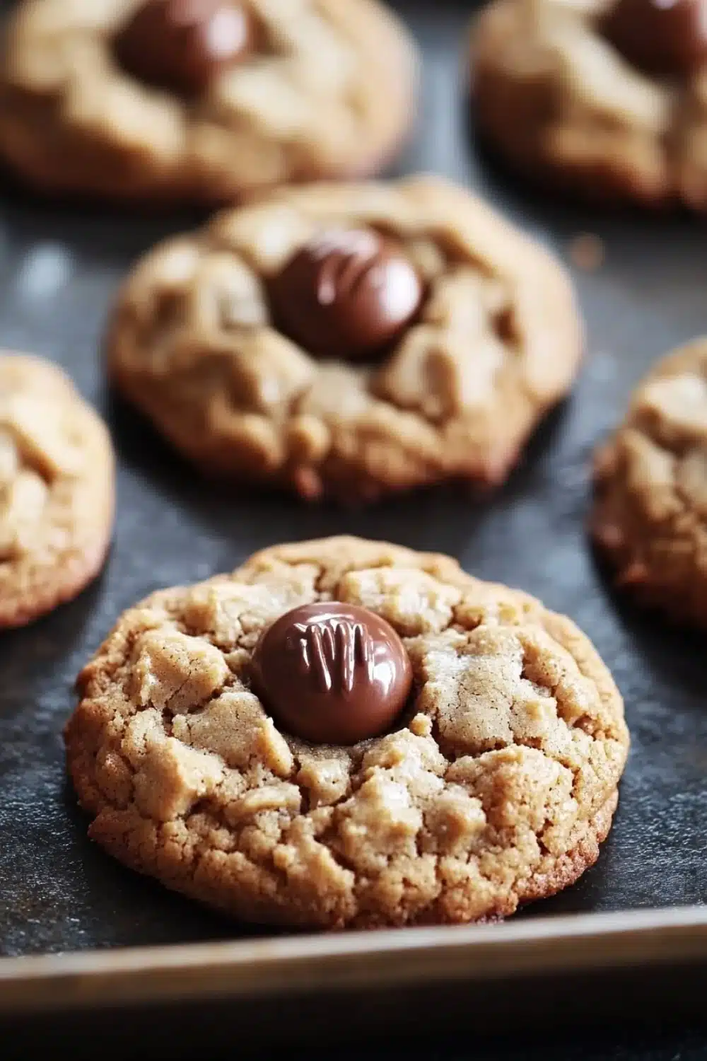 Cookie peanut butter hersheys kisses - the image shows a tray of freshly baked cookies on a black baking tray. the cookies are round and golden brown in color, with a crumbly texture. they are arranged in a single layer on the tray, with some overlapping each other. in the center of each cookie, there is a chocolate-covered cookie with a drizzle of chocolate on top. the background is blurred, but it appears to be a kitchen countertop.