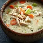 Creamy chicken and rice soup - the image is a close-up of a bowl of soup. the soup appears to be creamy and has chunks of chicken, carrots, celery, and other vegetables mixed in. the bowl is made of ceramic and is sitting on a dark grey surface. the broth is a light beige color and there are small black speckles scattered throughout the soup.