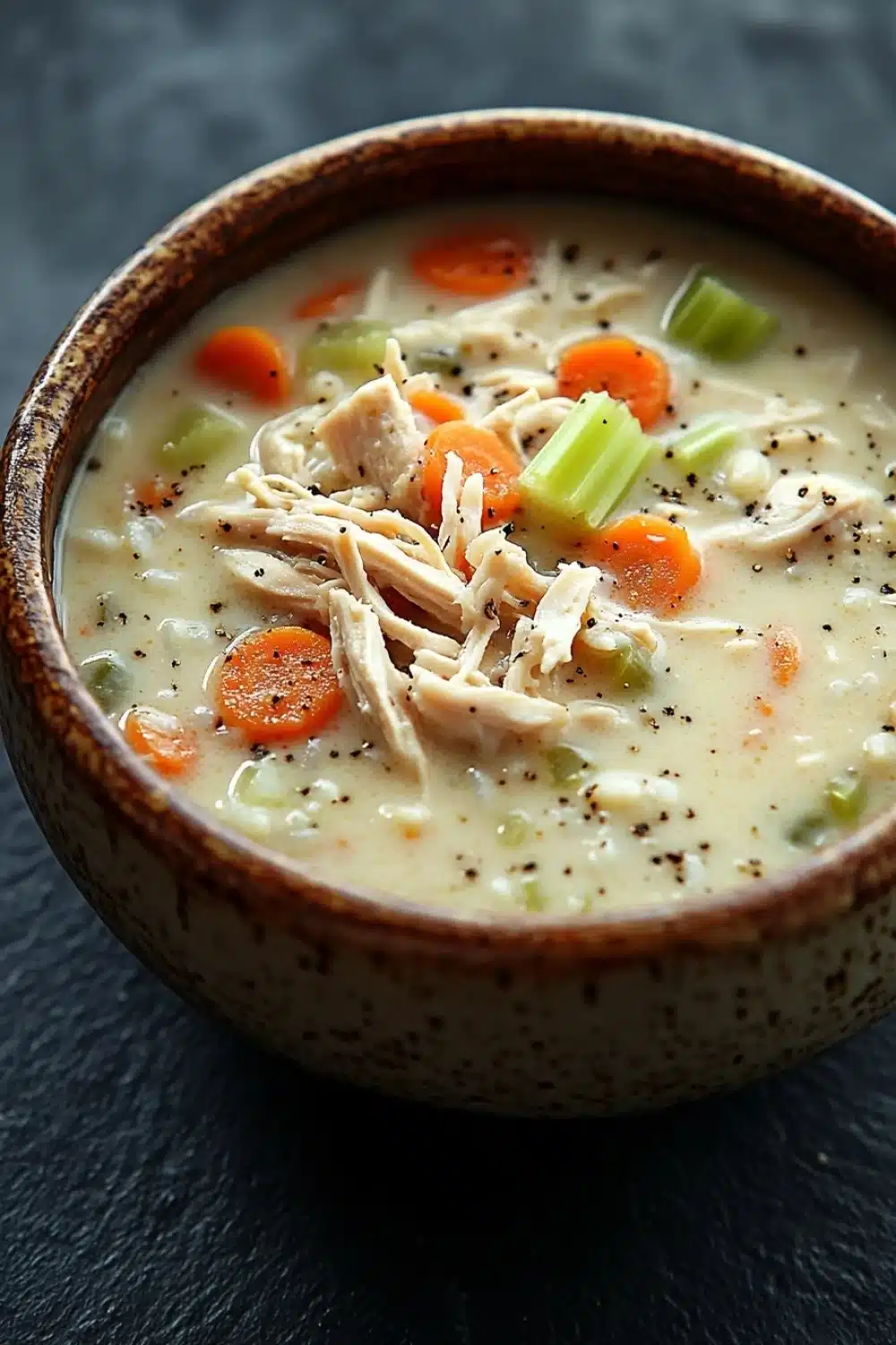 Creamy chicken and rice soup - the image is a close-up of a bowl of soup. the soup appears to be creamy and has chunks of chicken, carrots, celery, and other vegetables mixed in. the bowl is made of ceramic and is sitting on a dark grey surface. the broth is a light beige color and there are small black speckles scattered throughout the soup.