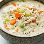 Creamy chicken and rice soup - the image is a close-up of a bowl of soup. the soup appears to be creamy and has chunks of chicken, carrots, celery, and other vegetables mixed in. the bowl is made of ceramic and has a dark brown rim. the background is a white marble countertop. the overall color scheme of the image is warm and inviting.