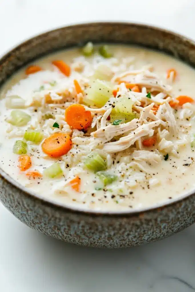 Creamy chicken and rice soup - the image is a close-up of a bowl of soup. the soup appears to be creamy and has chunks of chicken, carrots, celery, and other vegetables mixed in. the bowl is made of ceramic and has a dark brown rim. the background is a white marble countertop. the overall color scheme of the image is warm and inviting.