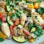 Creamy chicken and vegetable skillet - the image is a close-up of a plate of salad. the salad is made up of various vegetables, including zucchini, bell peppers, and mushrooms. the vegetables are arranged in a colorful and appetizing manner, with some overlapping each other. the dish is garnished with fresh herbs and grated parmesan cheese. the plate is white with a light blue speckled pattern, and the background is a wooden table.
