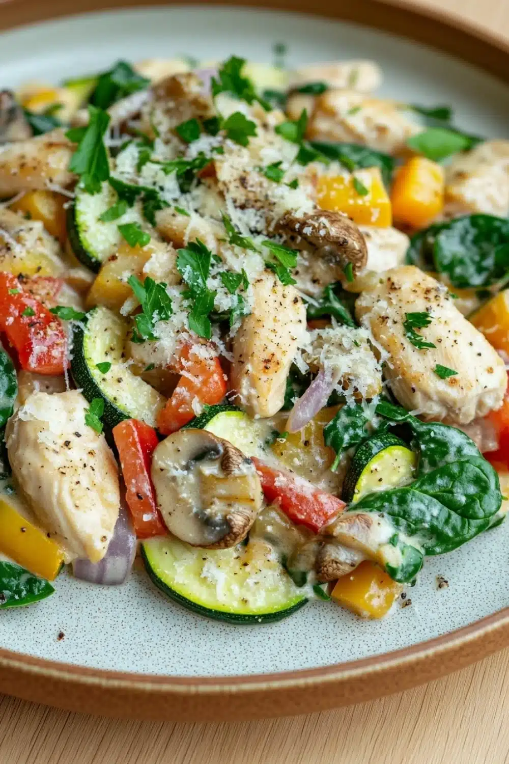 Creamy chicken and vegetable skillet - the image is a close-up of a plate of salad. the salad is made up of various vegetables, including zucchini, bell peppers, and mushrooms. the vegetables are arranged in a colorful and appetizing manner, with some overlapping each other. the dish is garnished with fresh herbs and grated parmesan cheese. the plate is white with a light blue speckled pattern, and the background is a wooden table.