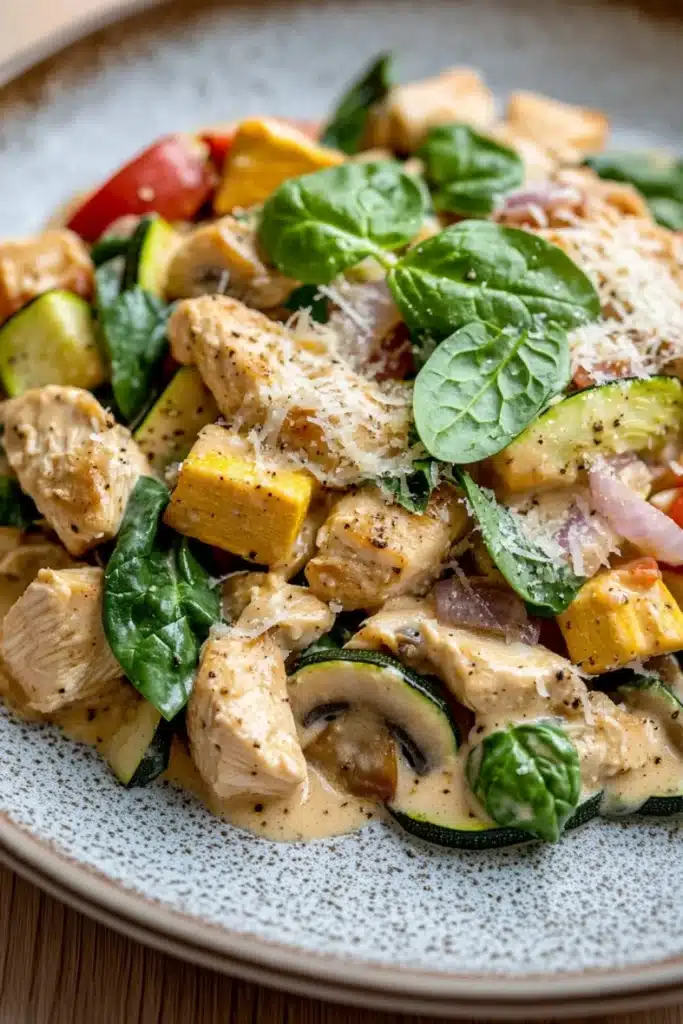 Creamy chicken and vegetable skillet - the image is a close-up of a plate of food. the plate is white with a speckled pattern and is placed on a wooden table. the food appears to be a salad with grilled chicken, zucchini, red bell peppers, and spinach. the chicken is cooked to a golden brown color and is garnished with grated parmesan cheese. the vegetables are cut into small cubes and are mixed together with a creamy sauce. the dish looks fresh and appetizing.