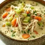 Creamy chicken soup - the image is a close-up of a bowl of soup. the soup appears to be creamy and has chunks of chicken and vegetables mixed in. the bowl is made of ceramic and has a brown rim. the broth is a light beige color and is thick and creamy. there are also chunks of carrots, celery, and other vegetables scattered throughout the soup. on top of the soup, there is a sprinkle of chopped herbs. the background is blurred, so the focus is on the bowl and its contents.