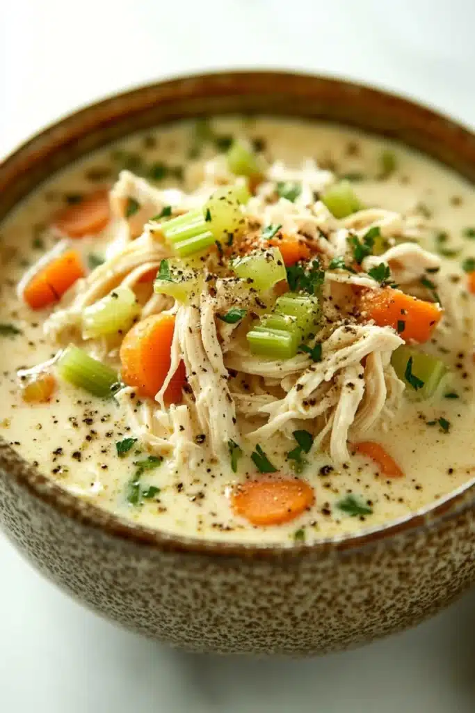 Creamy chicken soup - the image is a close-up of a bowl of soup. the soup appears to be creamy and has chunks of chicken and vegetables mixed in. the bowl is made of ceramic and has a brown rim. the broth is a light beige color and is thick and creamy. there are also chunks of carrots, celery, and other vegetables scattered throughout the soup. on top of the soup, there is a sprinkle of chopped herbs. the background is blurred, so the focus is on the bowl and its contents.