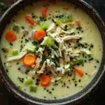 Creamy chicken soup - the image is a close-up of a bowl of soup. the soup appears to be creamy and has chunks of chicken and vegetables mixed in. the bowl is made of ceramic and is sitting on a dark wooden surface. there are also some chopped green onions and carrots scattered throughout the soup, adding a pop of color to the dish. the overall appearance is fresh and appetizing.
