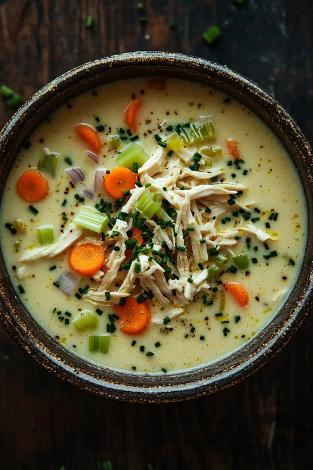 Creamy chicken soup - the image is a close-up of a bowl of soup. the soup appears to be creamy and has chunks of chicken and vegetables mixed in. the bowl is made of ceramic and is sitting on a dark wooden surface. there are also some chopped green onions and carrots scattered throughout the soup, adding a pop of color to the dish. the overall appearance is fresh and appetizing.