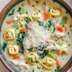 Creamy chicken tortellini soup - the image is a close-up of a bowl of soup. the soup appears to be a creamy white color with chunks of chicken and vegetables mixed in. the bowl is made of ceramic and has a brown rim. the broth is thick and creamy, and there are tortellini noodles scattered throughout the soup. on top of the soup, there is a sprinkle of grated cheese. there are also some green herbs and carrots scattered throughout, adding a pop of color to the dish. the background is a light beige color, and the bowl is sitting on a white tablecloth.