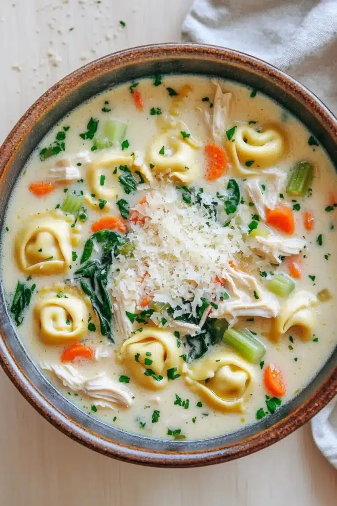 Creamy chicken tortellini soup - the image is a close-up of a bowl of soup. the soup appears to be a creamy white color with chunks of chicken and vegetables mixed in. the bowl is made of ceramic and has a brown rim. the broth is thick and creamy, and there are tortellini noodles scattered throughout the soup. on top of the soup, there is a sprinkle of grated cheese. there are also some green herbs and carrots scattered throughout, adding a pop of color to the dish. the background is a light beige color, and the bowl is sitting on a white tablecloth.