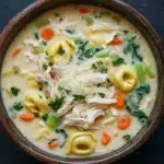 Creamy chicken tortellini soup - the image is a close-up of a bowl of soup. the soup appears to be a creamy white color with chunks of chicken and vegetables mixed in. the bowl is made of ceramic and has a dark brown rim. the broth is thick and creamy, and there are tortellini, carrots, celery, and green onions scattered throughout the soup. on top of the soup, there is a sprinkle of grated cheese. the background is a dark blue textured surface.