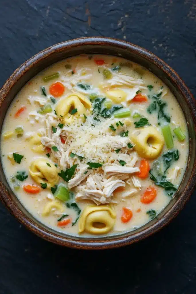 Creamy chicken tortellini soup - the image is a close-up of a bowl of soup. the soup appears to be a creamy white color with chunks of chicken and vegetables mixed in. the bowl is made of ceramic and has a dark brown rim. the broth is thick and creamy, and there are tortellini, carrots, celery, and green onions scattered throughout the soup. on top of the soup, there is a sprinkle of grated cheese. the background is a dark blue textured surface.