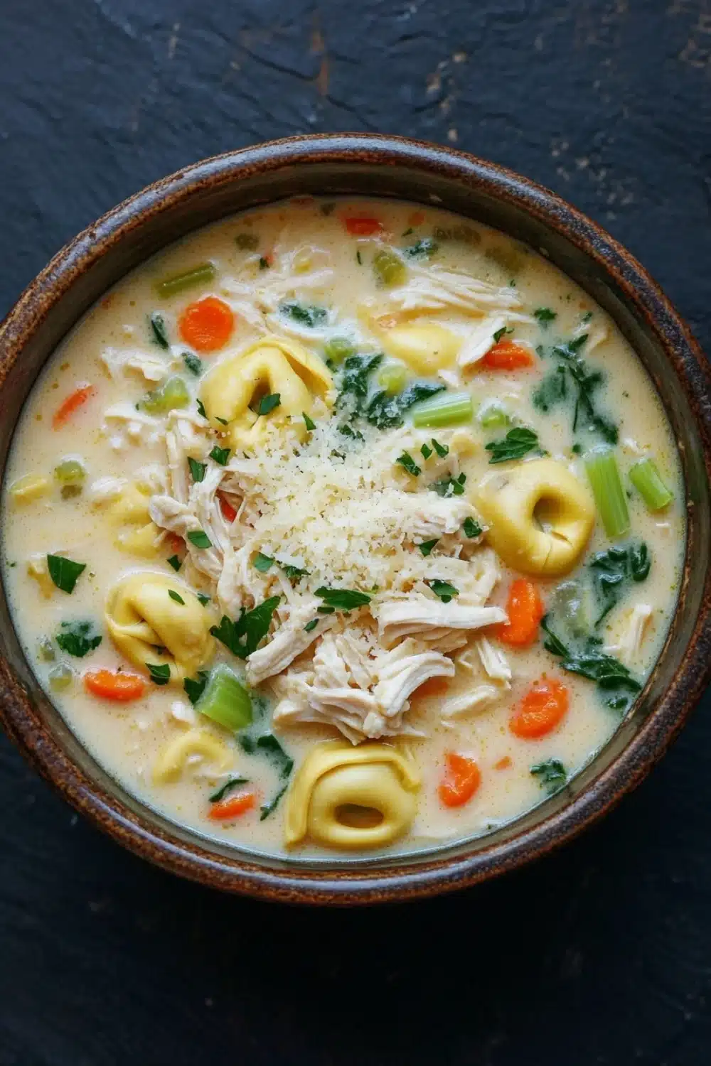 Creamy chicken tortellini soup - the image is a close-up of a bowl of soup. the soup appears to be a creamy white color with chunks of chicken and vegetables mixed in. the bowl is made of ceramic and has a dark brown rim. the broth is thick and creamy, and there are tortellini, carrots, celery, and green onions scattered throughout the soup. on top of the soup, there is a sprinkle of grated cheese. the background is a dark blue textured surface.