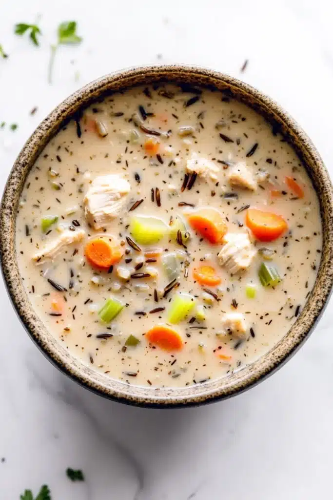 Creamy chicken wild rice soup crockpot - the image is a close-up of a bowl of soup. the soup appears to be creamy and has chunks of chicken and vegetables mixed in. the bowl is made of ceramic and is sitting on a white marble countertop. there are also some sprigs of parsley scattered around the bowl. the overall color scheme of the image is warm and inviting.