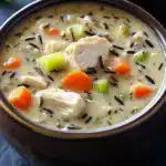 Creamy chicken wild rice soup crockpot - the image shows two bowls of soup on a black table. the soup appears to be a creamy white color with chunks of chicken and vegetables mixed in. the bowls are made of dark brown ceramic and have a glossy finish. there are also some green onions and carrots scattered throughout the soup. the background is blurred, but it seems to be an indoor setting with a sprig of parsley on the side.