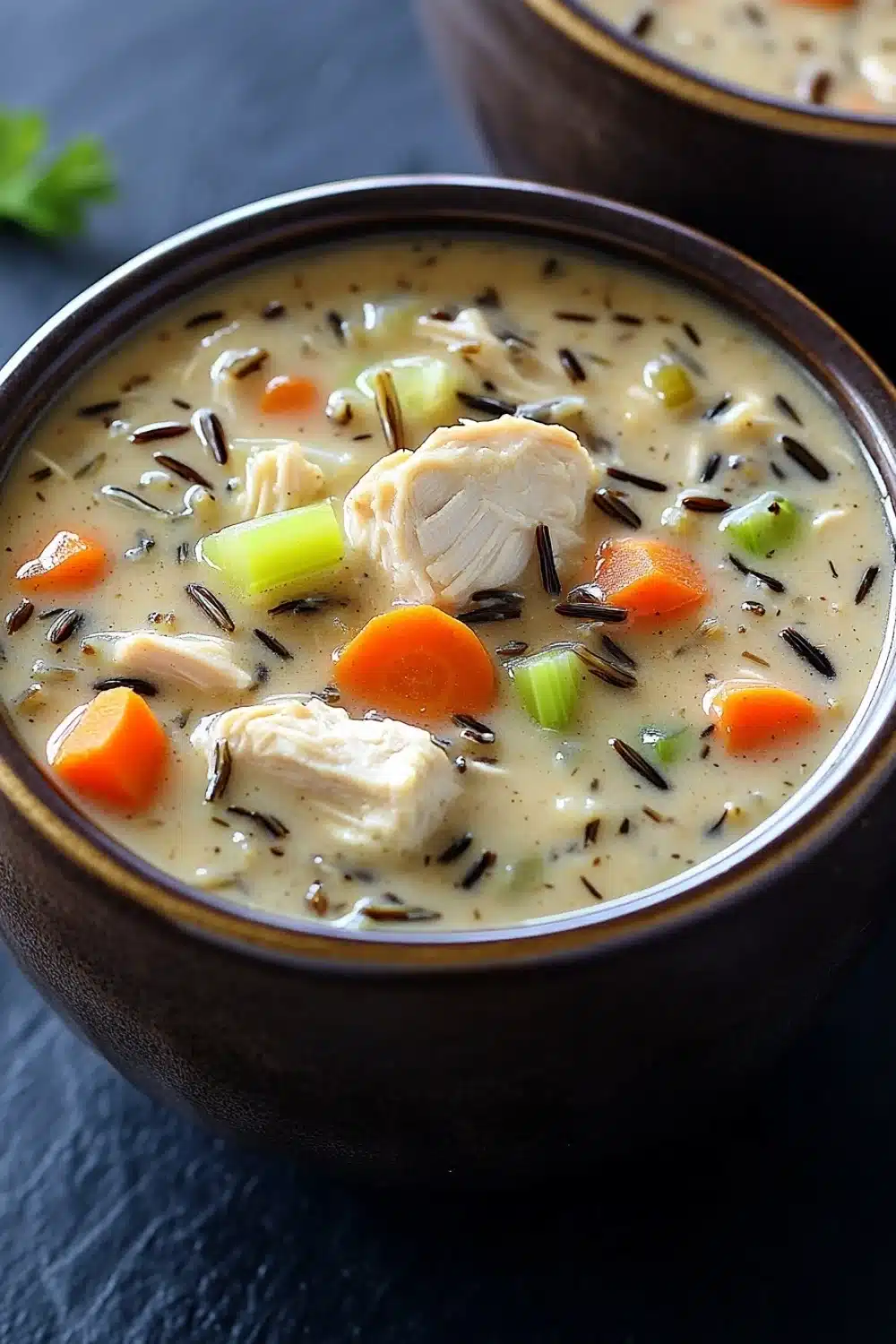 Creamy chicken wild rice soup crockpot - the image shows two bowls of soup on a black table. the soup appears to be a creamy white color with chunks of chicken and vegetables mixed in. the bowls are made of dark brown ceramic and have a glossy finish. there are also some green onions and carrots scattered throughout the soup. the background is blurred, but it seems to be an indoor setting with a sprig of parsley on the side.
