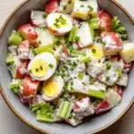 Creamy hot potato salad - the image is a close-up of a bowl of potato salad. the bowl is made of a light-colored ceramic material and is placed on a white countertop. the salad is made up of diced potatoes, diced green onions, and hard-boiled eggs. the potatoes are arranged in a circular pattern, with some overlapping each other. the eggs are cut into small cubes and are scattered throughout the salad. there are also some chopped green herbs sprinkled on top. the overall appearance of the salad is fresh and appetizing.