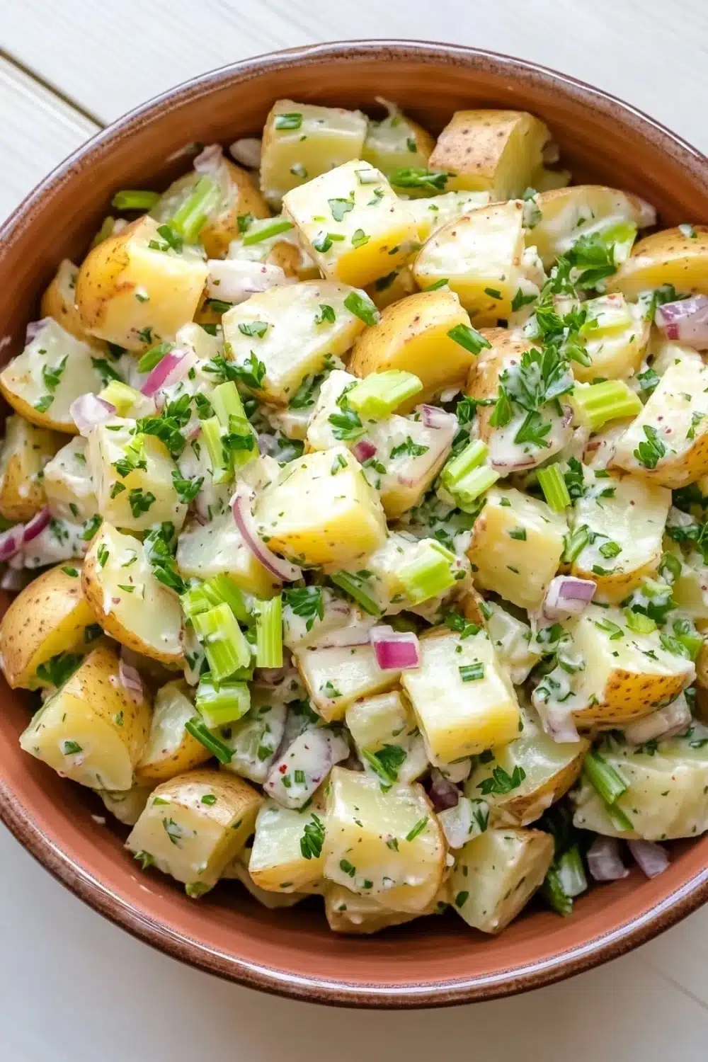 Creamy hot potato salad - the image is a close-up of a bowl of potato salad. the bowl is made of terracotta and is sitting on a white wooden table. the salad is made up of diced potatoes, red onions, green onions, and chopped herbs. the potatoes are cut into small cubes and are arranged in a pile. the herbs are scattered throughout the salad, adding a pop of green color to the dish. the overall appearance of the salad is fresh and appetizing.