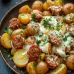 Creamy italian sausage potato skillet - the image shows a plate of roasted potatoes with sausage and cheese on top. the potatoes are golden brown and appear to be seasoned with herbs and spices. the sausage is cooked to a medium-rare and is arranged in a circular pattern on top of the potatoes. the cheese is melted and bubbly, and there are small pieces of parmesan cheese scattered throughout the dish. the plate is sitting on a dark wooden table with a white cloth napkin and a garlic bulb in the background. the overall color palette of the image is warm and inviting.