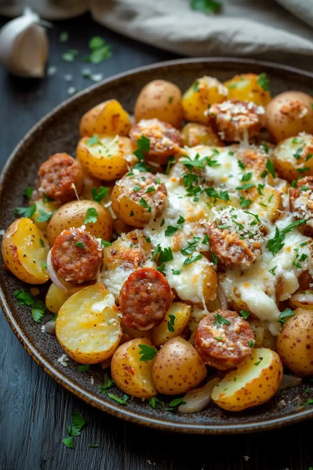 Creamy italian sausage potato skillet - the image shows a plate of roasted potatoes with sausage and cheese on top. the potatoes are golden brown and appear to be seasoned with herbs and spices. the sausage is cooked to a medium-rare and is arranged in a circular pattern on top of the potatoes. the cheese is melted and bubbly, and there are small pieces of parmesan cheese scattered throughout the dish. the plate is sitting on a dark wooden table with a white cloth napkin and a garlic bulb in the background. the overall color palette of the image is warm and inviting.
