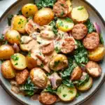 Creamy italian sausage potato skillet - the image is a close-up of a plate of food. the plate is round and has a gray rim. the food appears to be a dish made with potatoes, sausage, and greens. the potatoes are yellow and appear to be seasoned with herbs and spices. the sausage is cut into small cubes and is covered in a creamy sauce. the greens are bright green and look fresh and vibrant. there are also small pieces of red onions scattered throughout the dish. the dish is garnished with a sprig of parsley. the background is a white marble countertop.