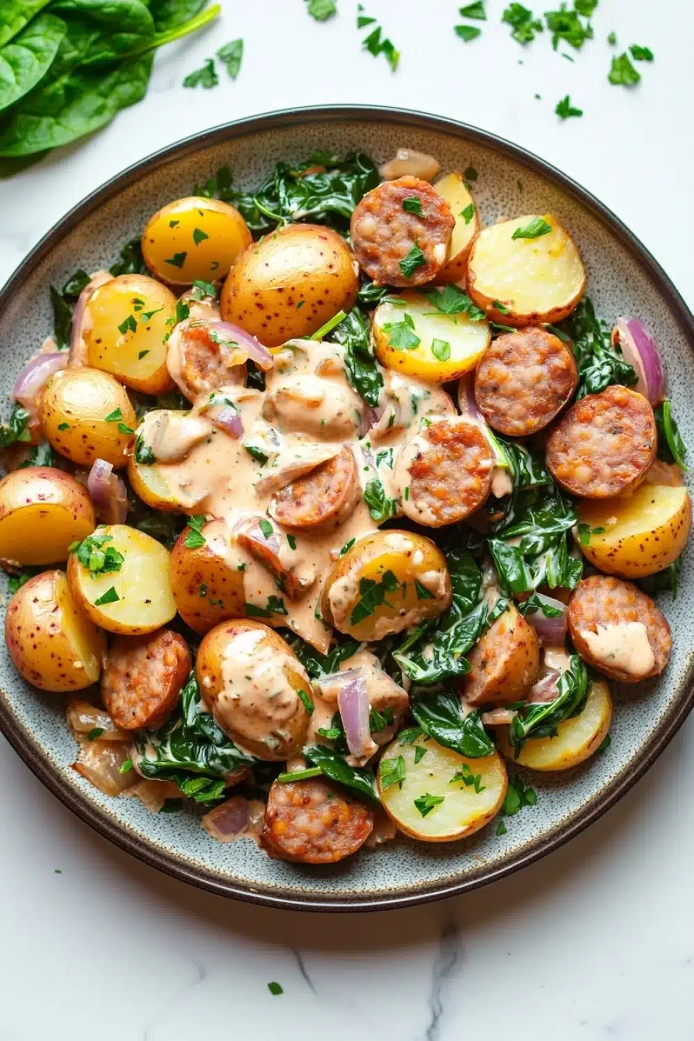 Creamy italian sausage potato skillet - the image is a close-up of a plate of food. the plate is round and has a gray rim. the food appears to be a dish made with potatoes, sausage, and greens. the potatoes are yellow and appear to be seasoned with herbs and spices. the sausage is cut into small cubes and is covered in a creamy sauce. the greens are bright green and look fresh and vibrant. there are also small pieces of red onions scattered throughout the dish. the dish is garnished with a sprig of parsley. the background is a white marble countertop.