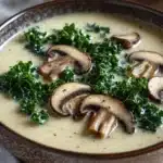 Creamy kale mushroom soup - the image shows two bowls of soup with mushrooms and kale on top. the soup appears to be creamy and has a light green color. the mushrooms are sliced and arranged in a circular pattern on top of the soup. the kale is a bright green color and is scattered around the bowls. the bowls are brown and have a textured surface. the background is a white tablecloth with a gray napkin on the side.