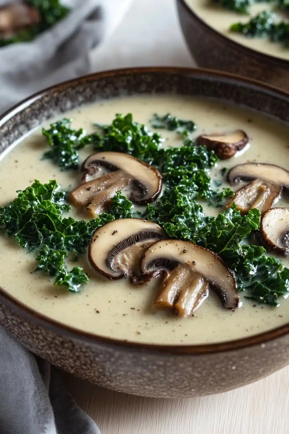 Creamy kale mushroom soup - the image shows two bowls of soup with mushrooms and kale on top. the soup appears to be creamy and has a light green color. the mushrooms are sliced and arranged in a circular pattern on top of the soup. the kale is a bright green color and is scattered around the bowls. the bowls are brown and have a textured surface. the background is a white tablecloth with a gray napkin on the side.