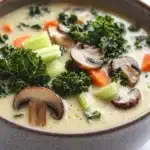 Creamy kale mushroom soup - the image is a close-up of a bowl of soup. the soup appears to be creamy and has a light yellow color. it is garnished with sliced mushrooms, carrots, celery, and kale. the bowl is made of ceramic and is sitting on a white marble countertop. the vegetables are arranged in a way that they are overlapping each other, creating a colorful and appetizing display.