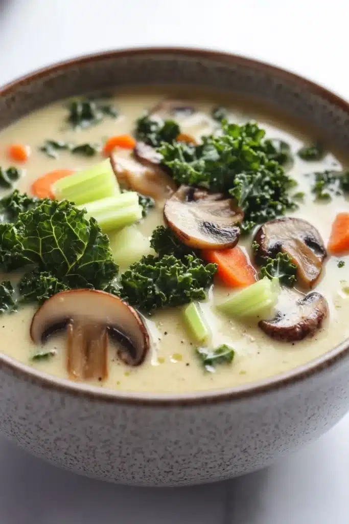 Creamy kale mushroom soup - the image is a close-up of a bowl of soup. the soup appears to be creamy and has a light yellow color. it is garnished with sliced mushrooms, carrots, celery, and kale. the bowl is made of ceramic and is sitting on a white marble countertop. the vegetables are arranged in a way that they are overlapping each other, creating a colorful and appetizing display.