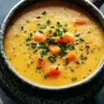 Creamy yellow tomato soup - the image is a close-up of a bowl of soup. the soup appears to be a creamy orange color with chunks of carrots and green onions scattered throughout. the bowl is made of ceramic and has a handle on one side. the background is blurred, but it seems to be an outdoor setting with greenery. the overall mood of the image is warm and inviting.