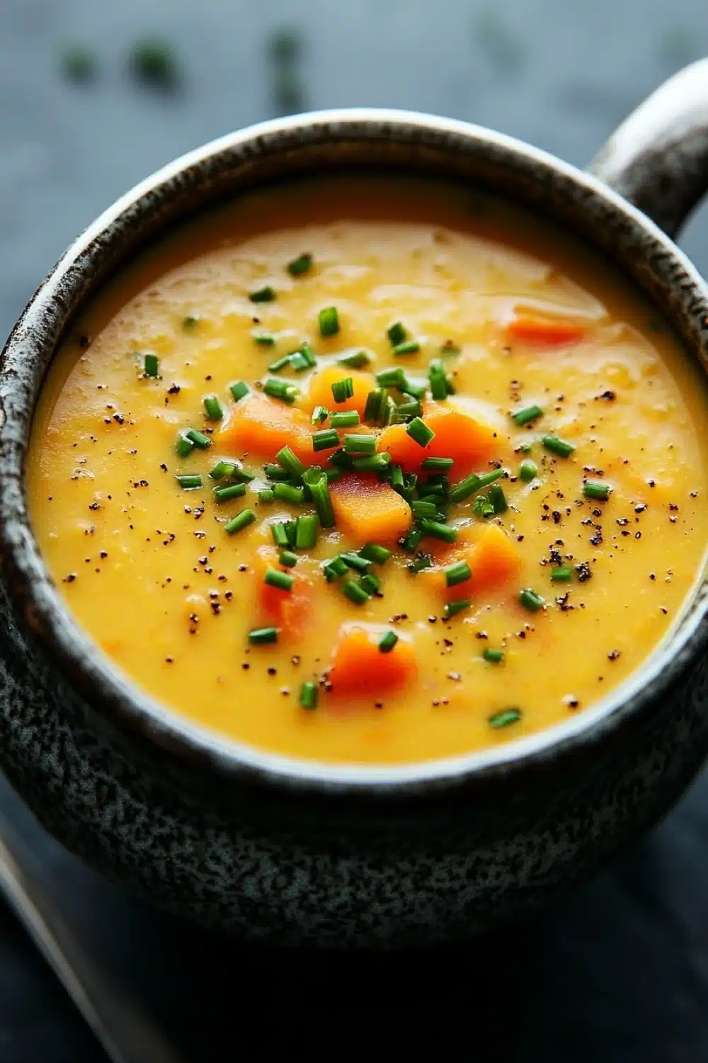 Creamy yellow tomato soup - the image is a close-up of a bowl of soup. the soup appears to be a creamy orange color with chunks of carrots and green onions scattered throughout. the bowl is made of ceramic and has a handle on one side. the background is blurred, but it seems to be an outdoor setting with greenery. the overall mood of the image is warm and inviting.