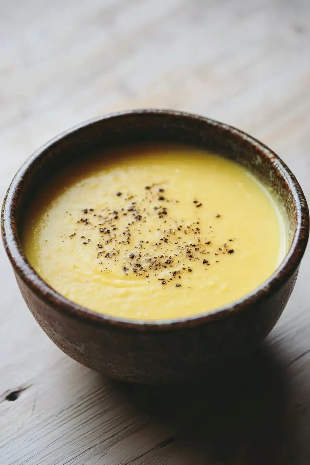 Creamy yellow tomato soup - the image is a close-up of a small bowl of soup. the bowl is made of dark brown ceramic and has a smooth texture. the soup appears to be a creamy yellow color and is topped with small black speckles. the background is a wooden table with a light-colored surface. the overall mood of the image is warm and inviting.