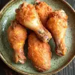 Crispy chicken wings fried - the image shows a plate of fried chicken wings on a wooden table. the wings are golden brown and appear to be crispy on the outside. they are arranged in a circular pattern on the plate, with some overlapping each other. the plate is light green with a speckled pattern around the edges. the background is dark and out of focus, making the wings the focal point of the image.