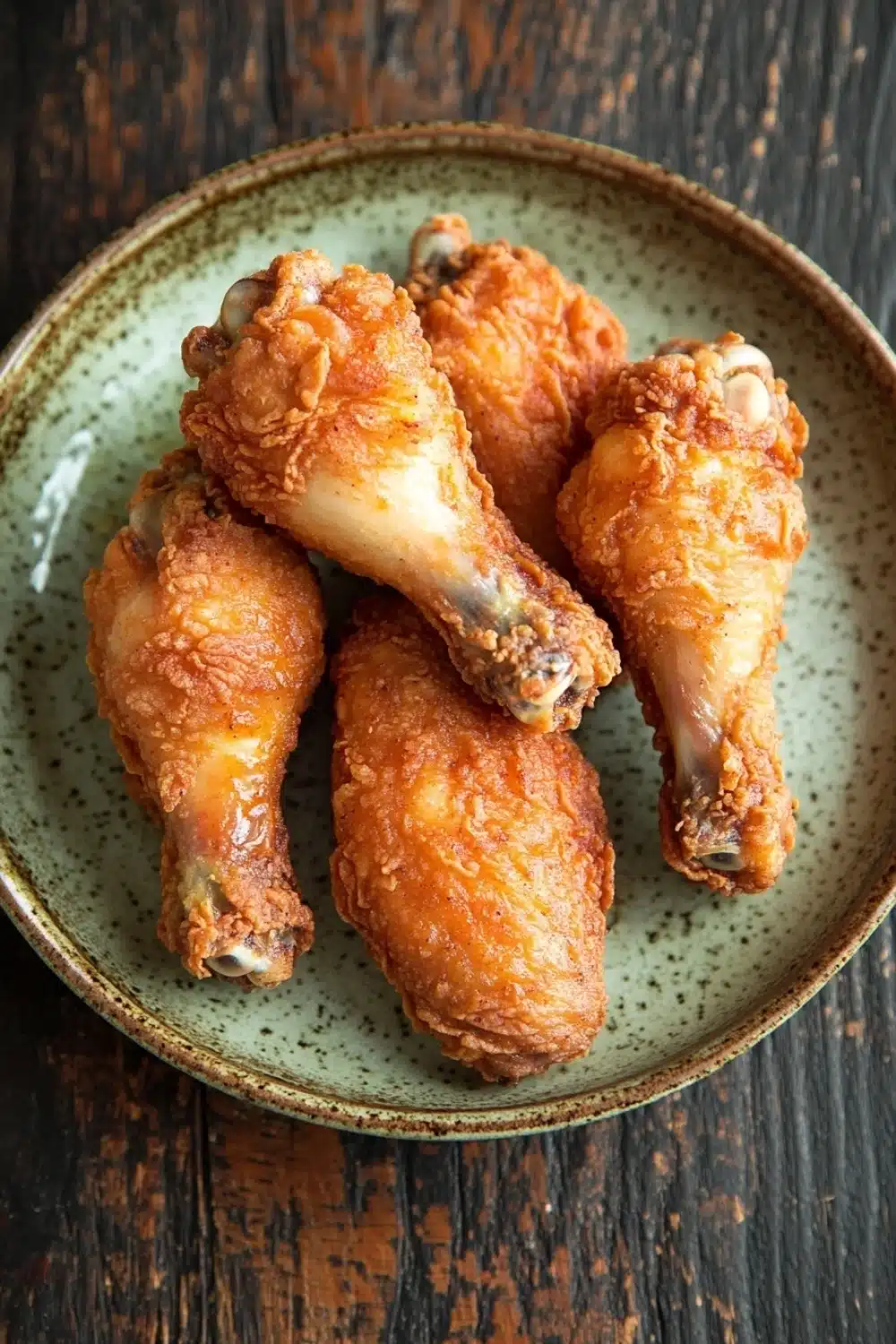 Crispy chicken wings fried - the image shows a plate of fried chicken wings on a wooden table. the wings are golden brown and appear to be crispy on the outside. they are arranged in a circular pattern on the plate, with some overlapping each other. the plate is light green with a speckled pattern around the edges. the background is dark and out of focus, making the wings the focal point of the image.