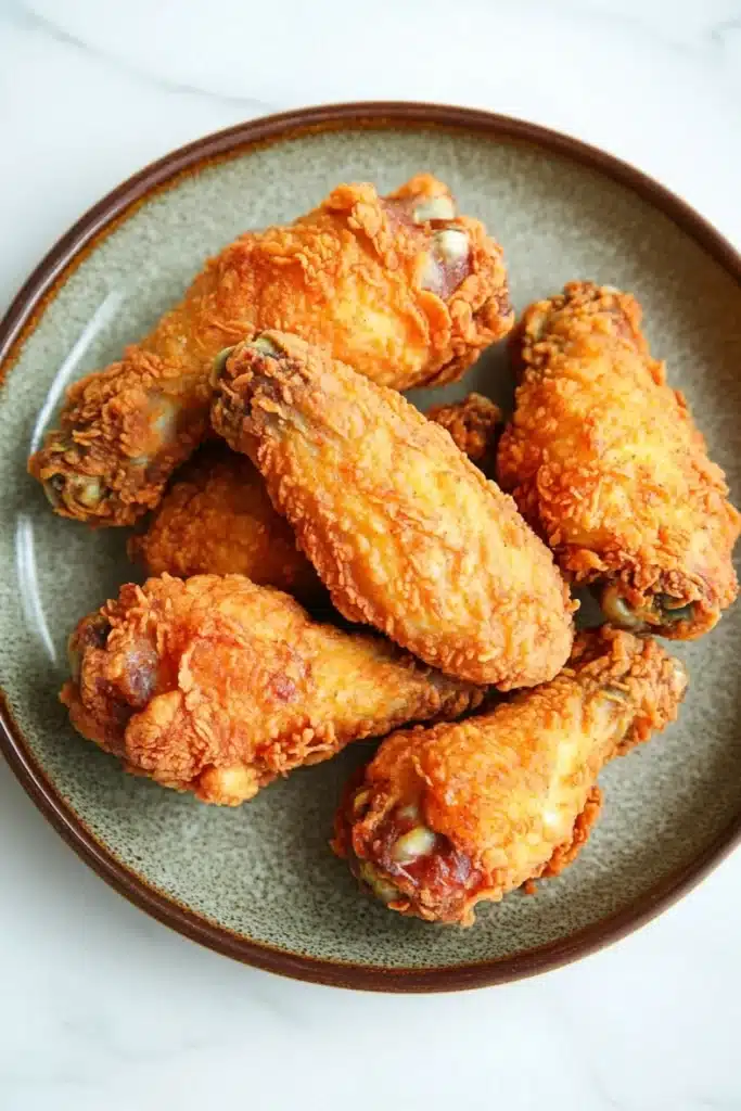 Crispy chicken wings fried - the image shows a plate of fried chicken wings. the wings are golden brown and appear to be crispy on the outside. they are arranged in a circular pattern on the plate, with some overlapping each other. the plate is made of a light-colored ceramic with a speckled texture. the background is a white marble countertop.