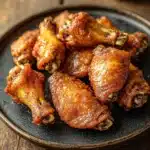 Crispy chicken wings on blackstone - the image shows a plate of fried chicken wings on a wooden table. the wings are golden brown and appear to be crispy on the outside. they are arranged in a circular pattern on the plate, with some overlapping each other. in the background, there is a small bowl of red sauce, which is likely a type of dipping sauce. the plate is black and has a textured surface. the overall mood of the image is rustic and appetizing.