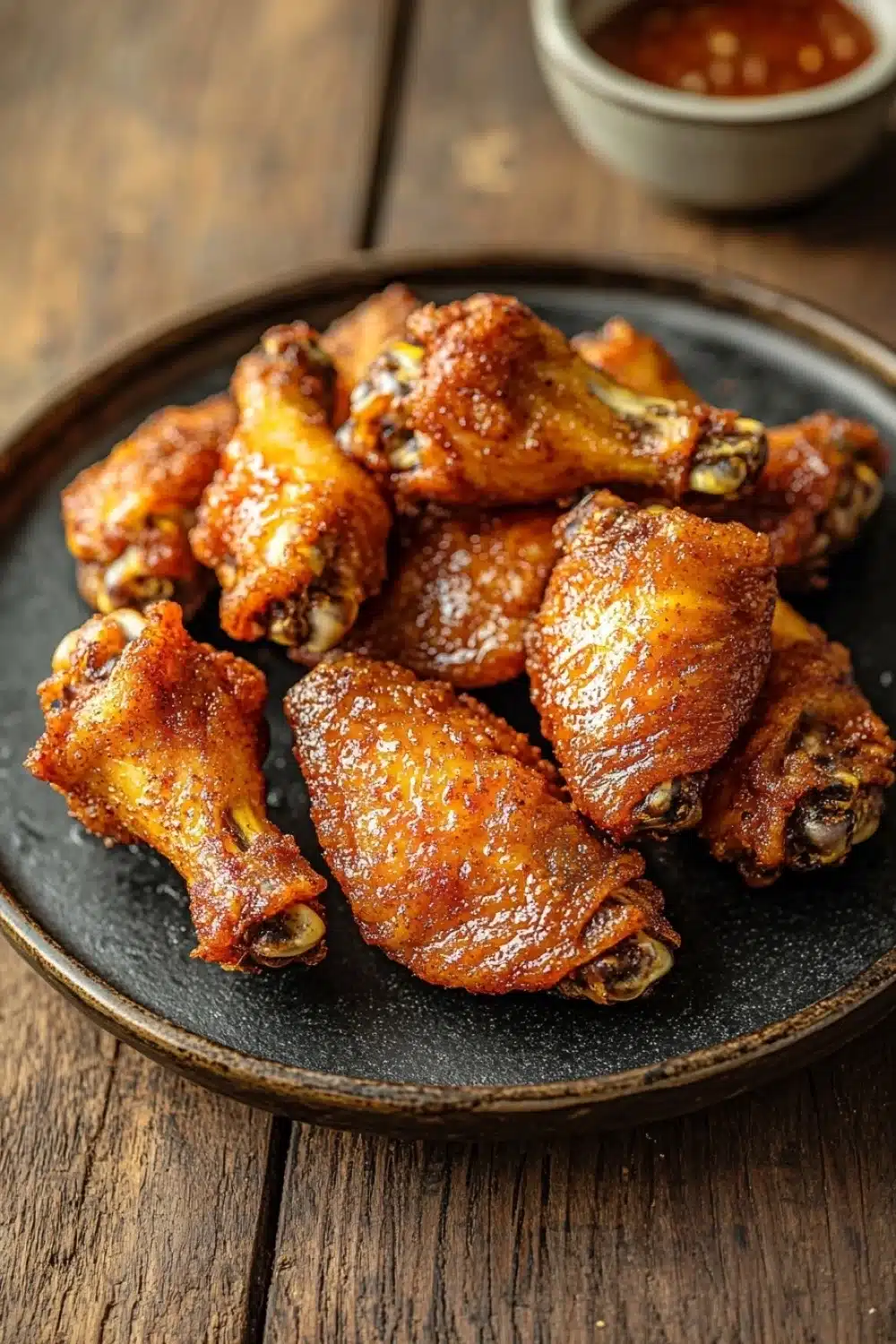 Crispy chicken wings on blackstone - the image shows a plate of fried chicken wings on a wooden table. the wings are golden brown and appear to be crispy on the outside. they are arranged in a circular pattern on the plate, with some overlapping each other. in the background, there is a small bowl of red sauce, which is likely a type of dipping sauce. the plate is black and has a textured surface. the overall mood of the image is rustic and appetizing.