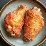 Crispy chicken wings on blackstone - the image shows a plate with two pieces of fried chicken wings on it. the wings are golden brown and appear to be crispy on the outside. they are covered in a red sauce and have small pieces of white beans scattered throughout. the plate is round and has a light brown rim. the background is a dark grey textured surface.