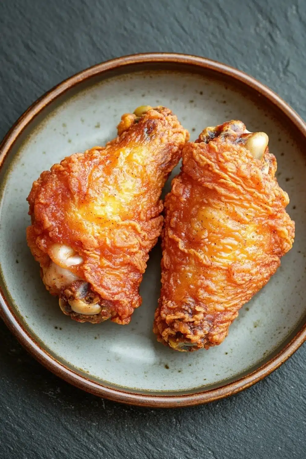 Crispy chicken wings on blackstone - the image shows a plate with two pieces of fried chicken wings on it. the wings are golden brown and appear to be crispy on the outside. they are covered in a red sauce and have small pieces of white beans scattered throughout. the plate is round and has a light brown rim. the background is a dark grey textured surface.